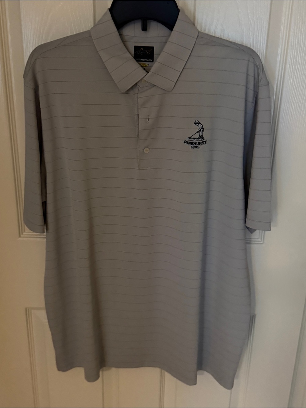 Men’s Pinehurst Logo Golf Shirt Greg Norman Collection Light Gray Striped Polo